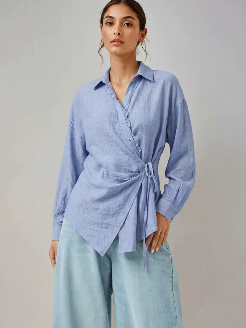 ZARA Womens Fall Intellectual Blue Long Sleeve Tie Front Shirt Cardigan